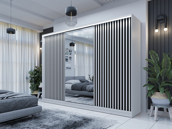 Nowoczesna Szafa Przesuwna Biała LAMEL z Lustrem i Lamelami180x205 cm